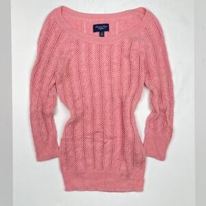 Y2K American Eagle Pink Cable Knit Sweater Preppy Girly Embroidered‎ Women's S